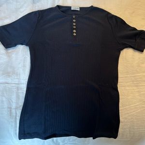 Lanvin Navy rib short sleeve Henley.